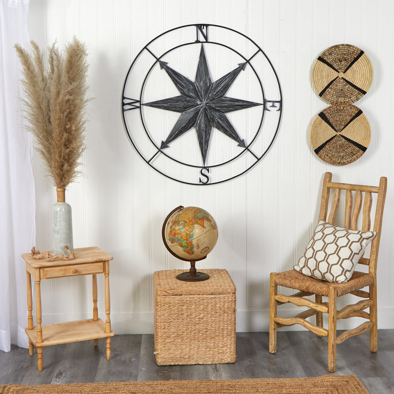 40-Inch Washed Black Metal Nautical Compass Wall Art