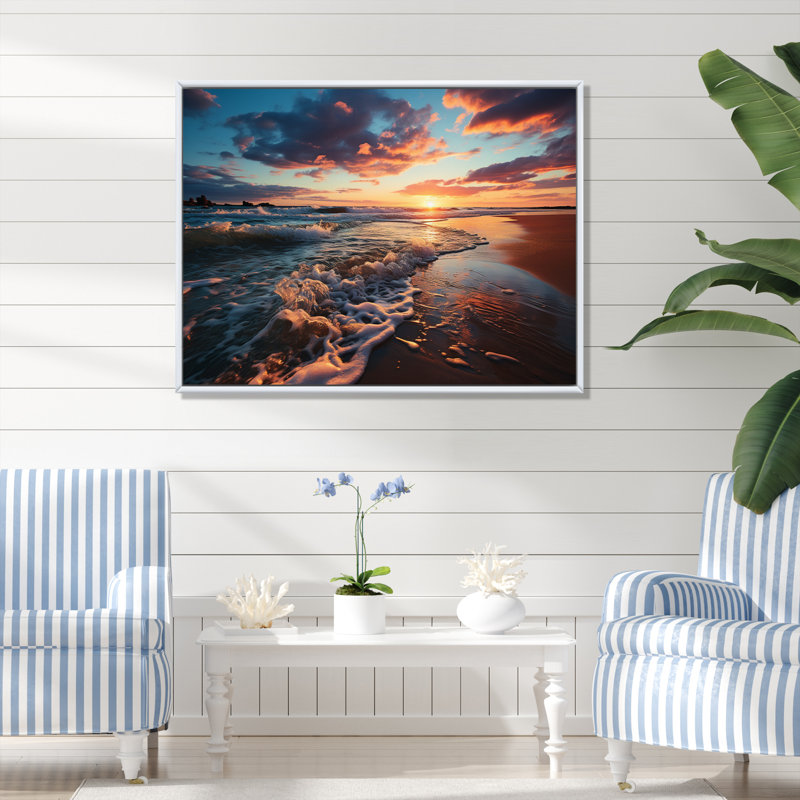 Coucher de soleil à l'horizon II, Cadre flottant blanc, H 24 po x l 32 po x P 1 po