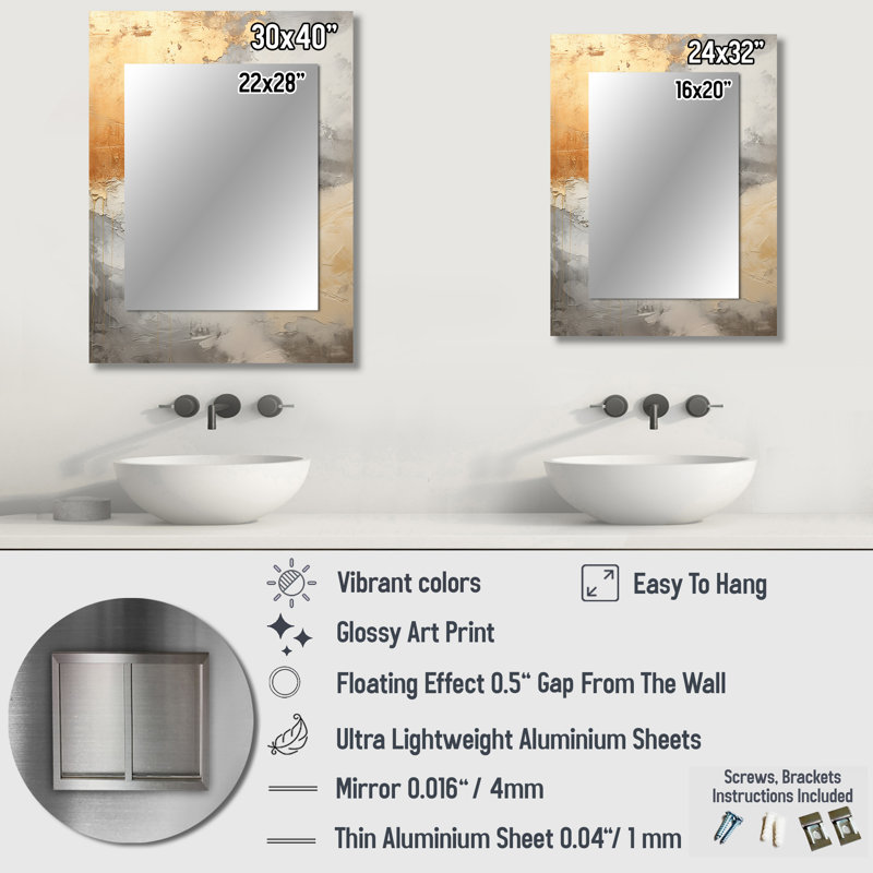 Beige et or minimalisme tempêtes I - tempête unique miroir mural, miroir traditionnel, impression sur métal, 32 po x 24 po