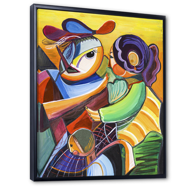 Abstrait deux femmes rencontrant - peinture, H 32 po x l 16 po x P 1 po, Cadre flottant noir
