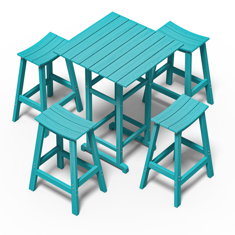 5-piece Hdpe Outdoor Bar Set – Square Patio Table & 4 Bar Stools, Weather-resistant, All-weather Furniture For Balcony, Garden, Poolside