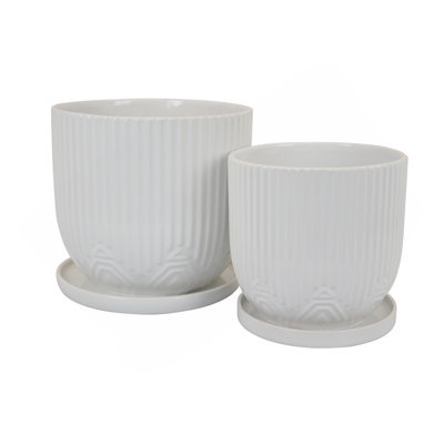 Leela 10, 7 Inch Indoor Planter Set Of 2, White, Ribbed Round Design
