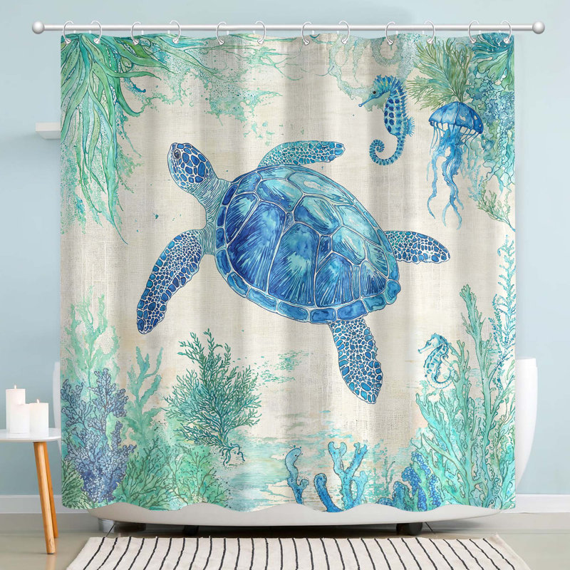 Ensemble de rideau de douche en tissu imperméable avec crochets pour salle de bain Funny Ocean Turtle 72 po x 72 po
