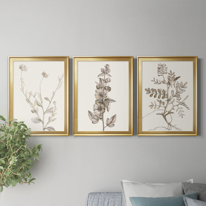 Neutral Botanical Study IV - Ensemble de 3 impressions sur toile encadrées, Doré, H 18,5 po x l 73,5 po x P 1,5 po
