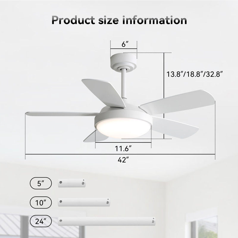 42 Inch White Ceiling Fan With 22W LED Light And Remote Control MDF Blades Reversible DC Motor, White, White