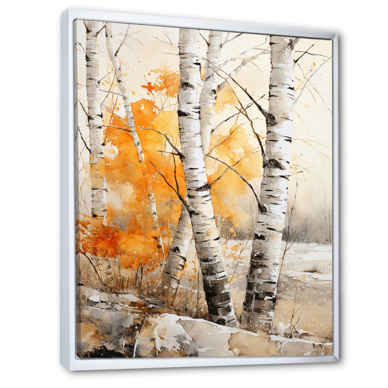 «Orange Brich Wood In Winter I», reproduction sur toile, Cadre flottant blanc, H 32 po x l 16 po x P 1 po