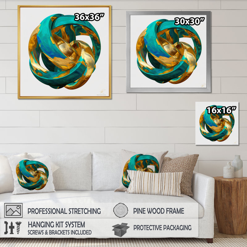 «Confronting Infinity 3D Turquoise Gold Sphere», reproduction sur toile, Cadre flottant blanc, H 36 po x l 36 po x P 1,5 po