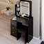 Meuble-lavabo de 29,2 po de gauche avec tabouret rembourré, miroir tricolore à luminosité réglable, rangement à grande capacité pour les petites pièces, design américain, noir