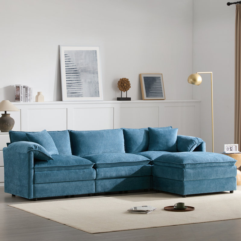 Canapé modulaire en L en chenille avec repose-pieds mobile et siège large, Chenille bleu