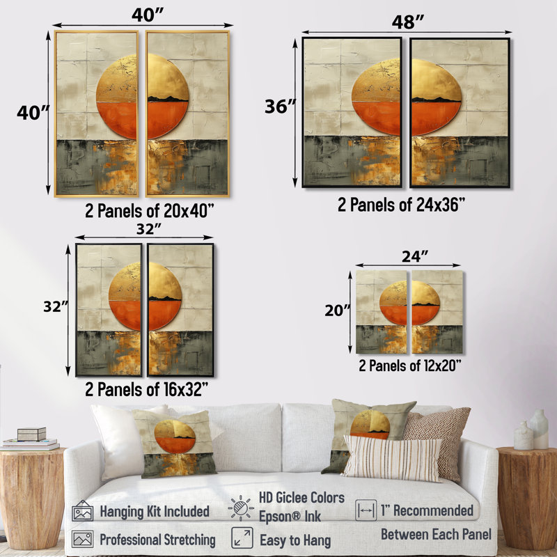 Coucher de soleil japonais doré sur lac - grand art mural japonais 2 pièces, 36" H x 48" W, Impression encadrée flottante