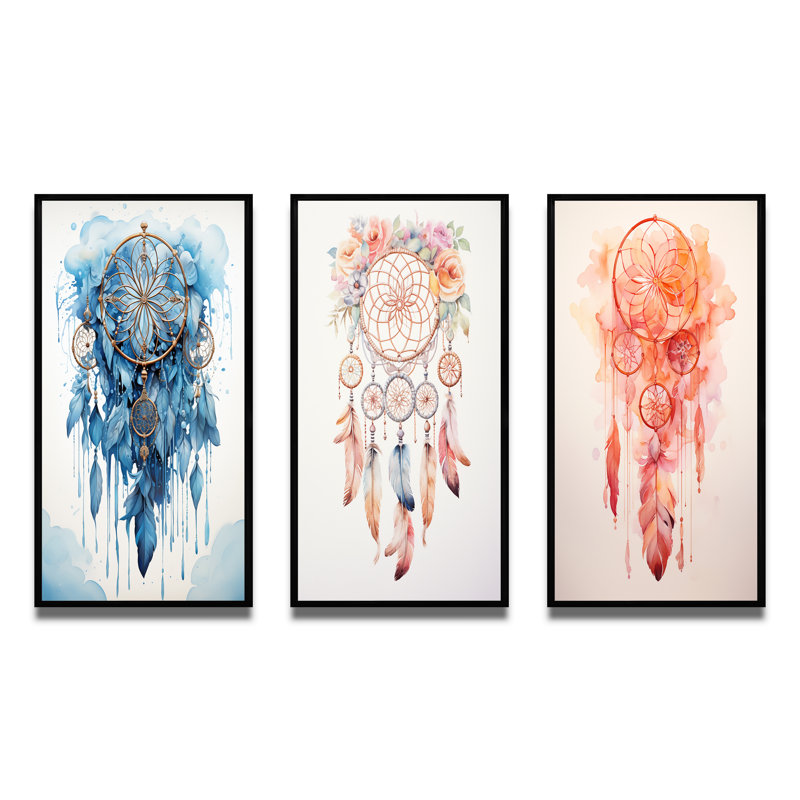 «Blue Boho Dreamcatcher Watercolor», 3 pièces sur toile, Cadre noir, H 32 po x l 48 po