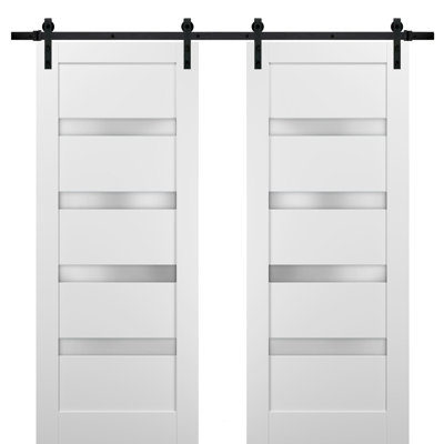 Sliding Double Barn Doors 48 x 80 with Hardware Quadro 4113 White Silk with Frosted Opaque Glass 13FT Rail Sturdy Set Kitchen Lite Wooden Solid Panel Interior Bedroom Bathroom Door
