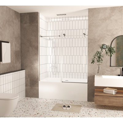 Bathroom Shower Door 56 - 60" X 60", 1/4" Clear Tempered Glass, Proof Envelope Protection, Stainless Steel Extended Arm Handle, Brushed Nickel Tinge Round Tracks For Stable Travel Coating Handled,