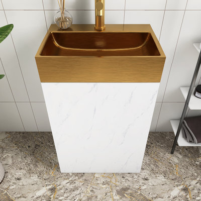 Meuble-lavabo autoportant de 20 po en marbre blanc avec comptoir intégré en acier inoxydable 304 brossé