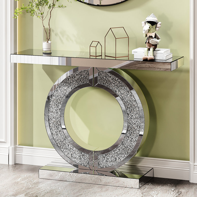 Miroir en forme de O, table de couloir en cristal, conception moderne pour la maison, verre miroir, cadre à double base, surface plane lisse, manuel d'assemblage avec guide étape par étape et étiqueté, profondeur de 43,4 po, largeur de 11,82 po,