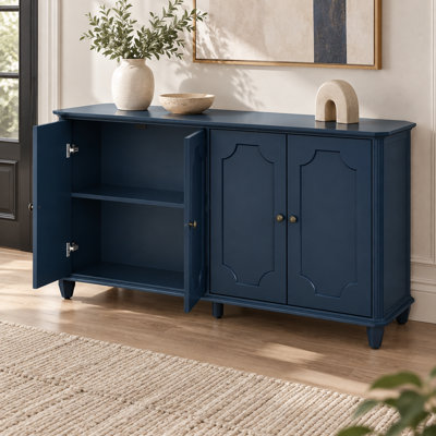 63.62 Inch Blue Farmhouse Buffet Sideboard 4 Doors Curved Raised Panel Doors Antique Bronze Round Knobs Carved Tapered Legs Solid Wood and MDF Frame Adjustable Shelves 110 lb Tabletop Capacity for Entryway Living Room Kitchen