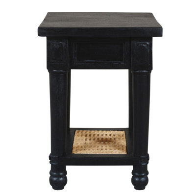 20" Black And Natural Solid Wood And Cane Square End Table With Shelf