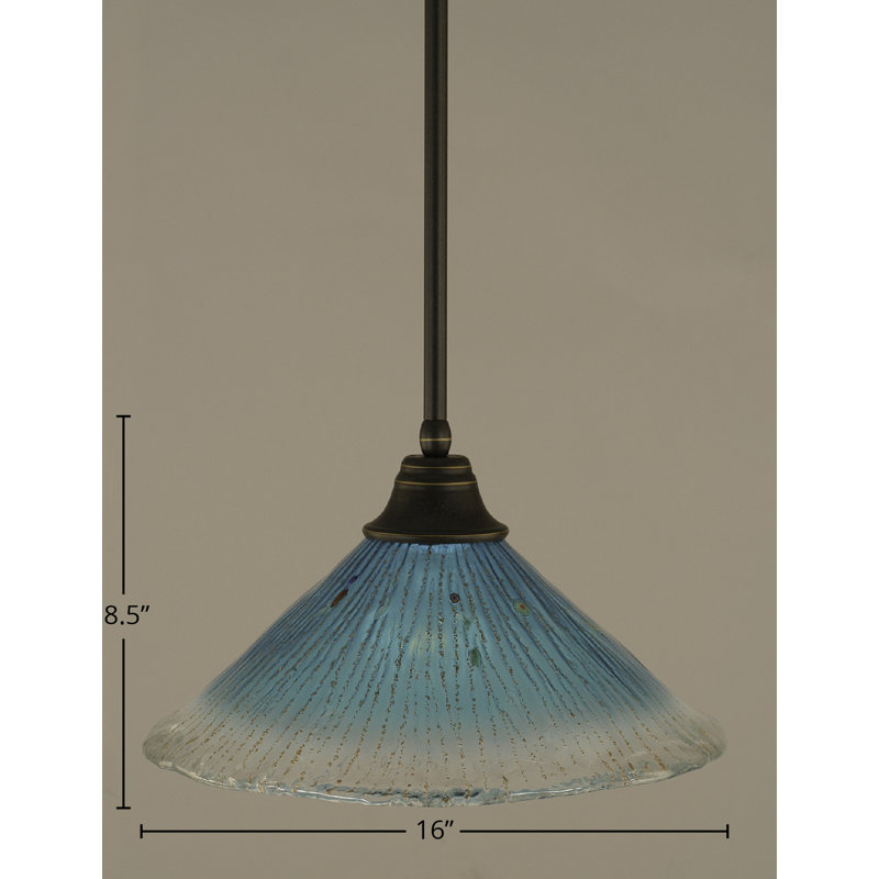 Stem Hung Pendant With Glass, Dark Granite, 16", Teal Crystal Glass