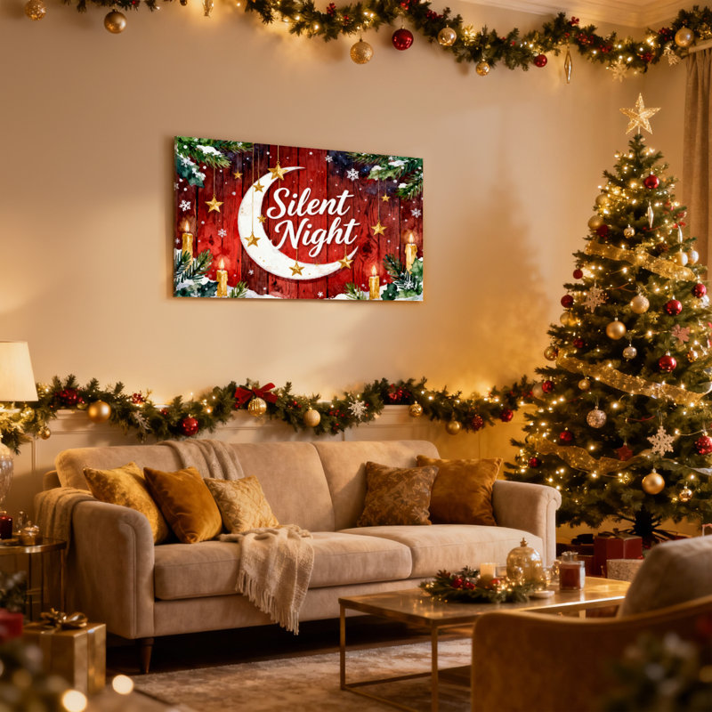 Ensemble de 3 impressions sur toile de Noël, nuit de lune silencieuse, étoiles, bougies, flocons de neige, branches de pin