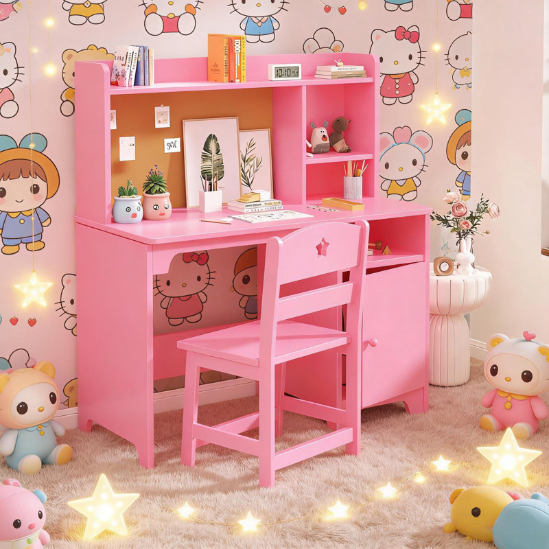 Kids Desk & Chair Set with Hutch, Storage Cabinet for Bedroom & Study Room, Pink