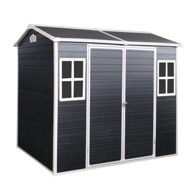 Remise de rangement extérieure en résine 8X4ft avec deux fenêtres et deux portes, remise en plastique avec plancher pour Gargen, patio, cour, pelouse