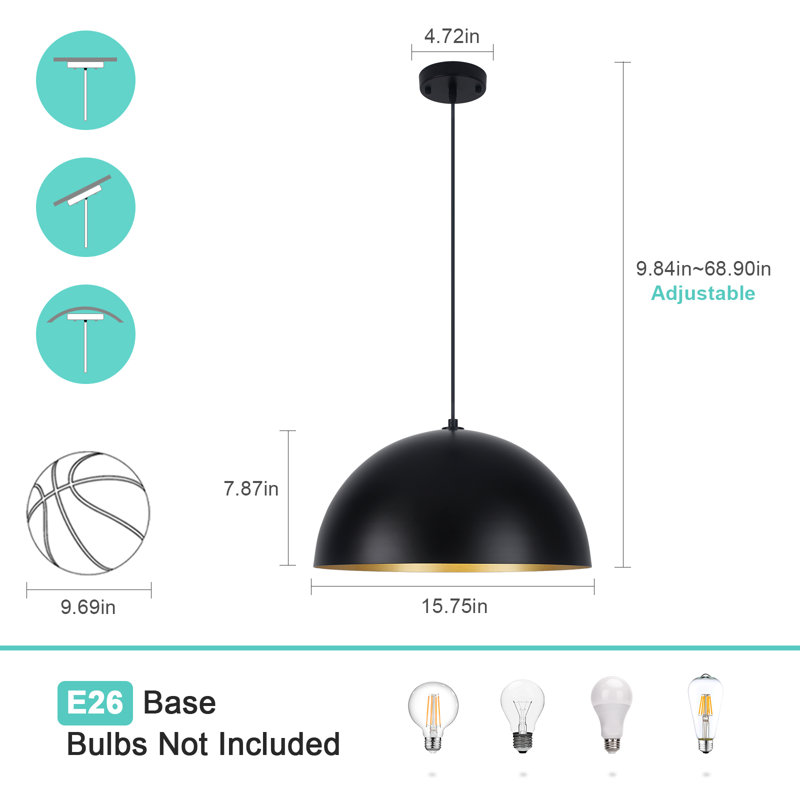 15.75" Adjustable Black Dome Pendant Light, 15.75“ D x 15.75” W x 7.87“ H, Black/Gold, 2