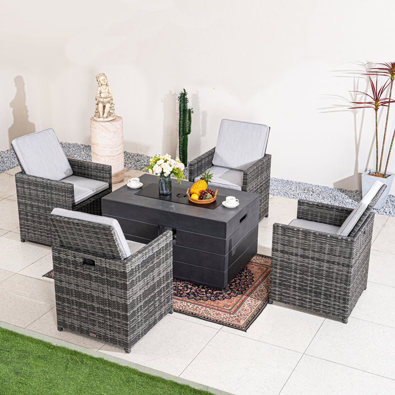 Ensemble de conversation d'extérieur 5 pièces avec table de foyer et chaises en osier d'aluminium, Gris, Gris