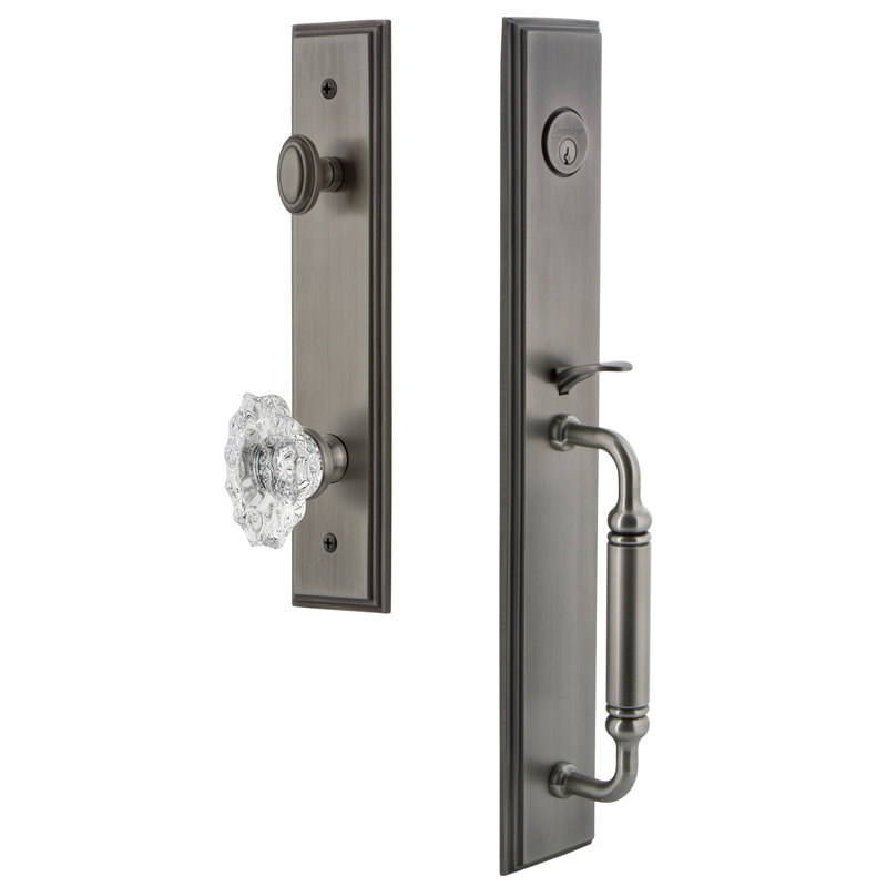 Carré Handleset with Single Cylinder Deadbolt and Biarritz Door Knob and Rosette, 2.375", Antique Pewter