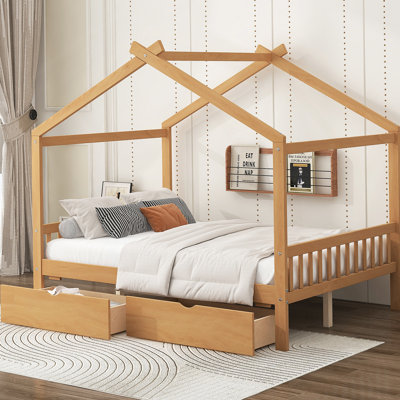Charmant lit plateforme avec deux tiroirs, tête de lit, pied de lit et toit pour une chambre confortable et fonctionnelle