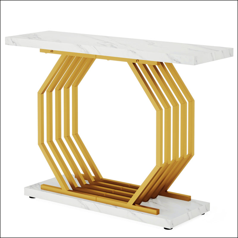 Console moderne avec plateau en faux marbre et base en métal géométrique, idéale pour le vestibule, le canapé, le couloir, ajoutant de l'élégance aux espaces de vie