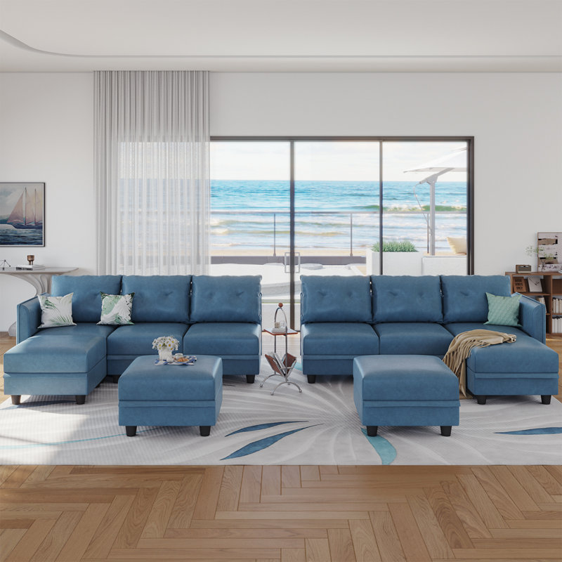 Ensemble de salon modulaire à 3 bras courbés avec rangement Zendajas, Mélange de polyester bleu ciel