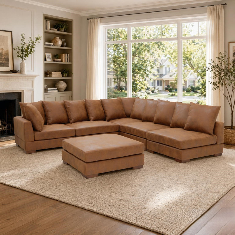Bonsell Corduroy L-Shaped Sectional, Brown Faux Leather