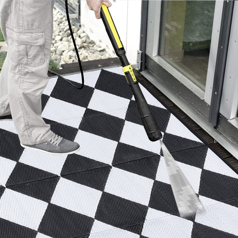 Outdoor Rug Plastic Reversible Rug Waterproof Patio Rug for Outdoor Camping Deck Beach RV Porch Patio and Backyard Black/White 5*8