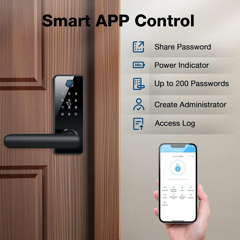 Smart  Lock with Handle Black Fingerprint Door Lock with Electronic Deadbolt