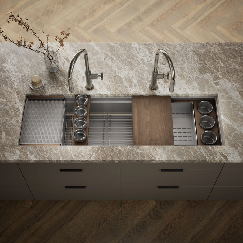 Synthos 57-3/4" Undermount Single-Bowl Workstation Kitchen Sink, Walnut