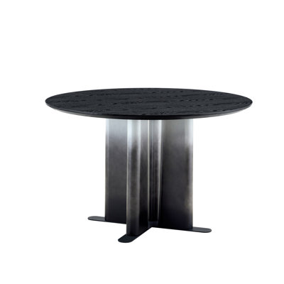 Round Black Wood Grain MDF Dining Table, Black & White Gradient Legs With Cross Base, Compact 2-4 Person Kitchen Table For Small Spaces Modern Dining Room Furniture