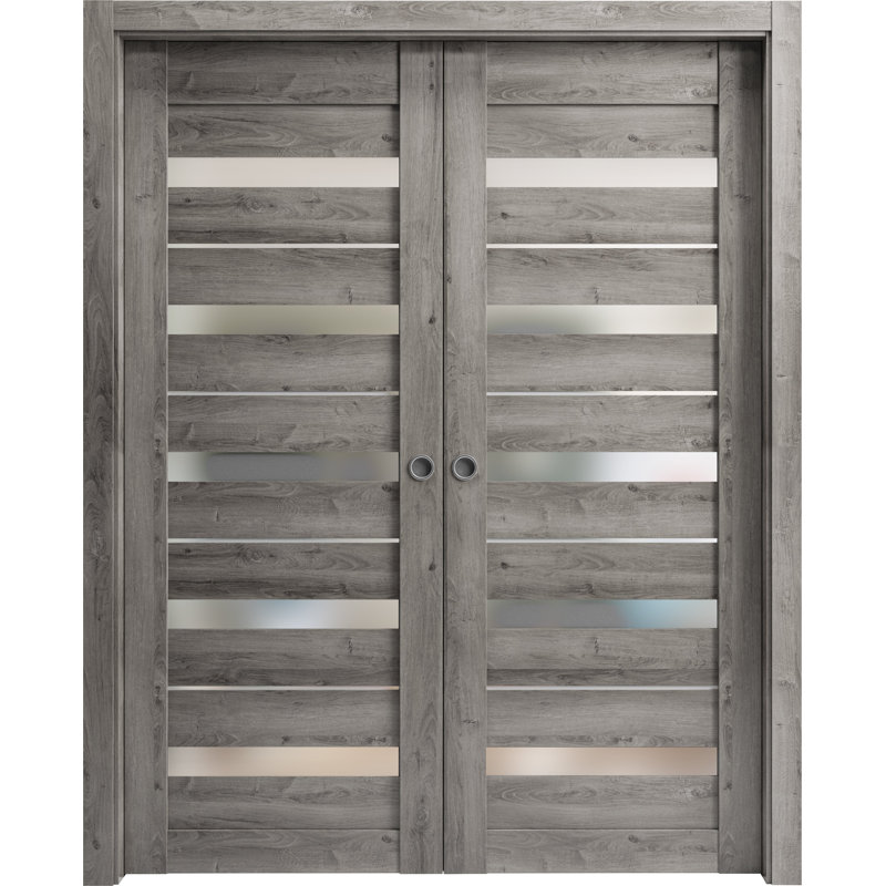Portes coulissantes françaises doubles à galandage avec verre dépoli Quadro 4445 Gris Nebraska, trousse de garnitures, quincaillerie de rail, bois massif, intérieur de chambre, portes robustes 48 po x 84 po (2 x 24 x 84)