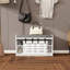 Banc de rangement pour chaussures, banc d'entrée à 2 niveaux avec 2 portes de grange coulissantes et coussin de siège entièrement amovible pour l'entrée