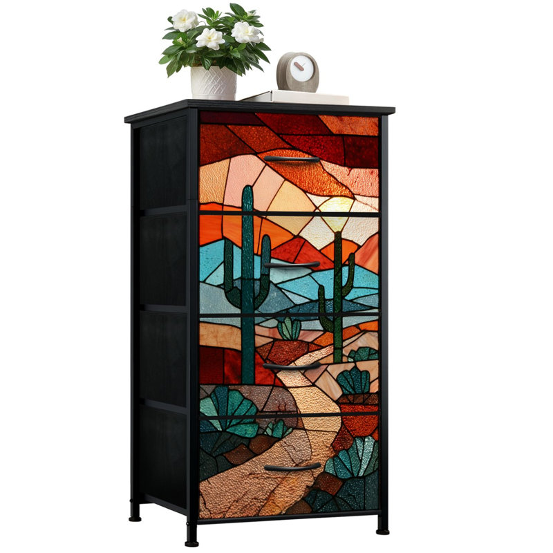 Commode de chambre Western avec 4 tiroirs de rangement Commode en verre coloré Mystical Sunset Cacti
