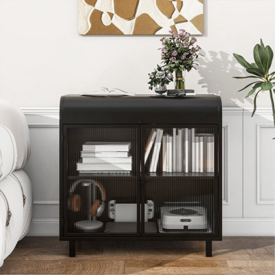 Buffet moderne avec portes en verre trempé figuré, dessus rabattable, tablettes intérieures et structure en métal - Console de rangement élégante pour salle à manger, cuisine, salon et entrée, noir