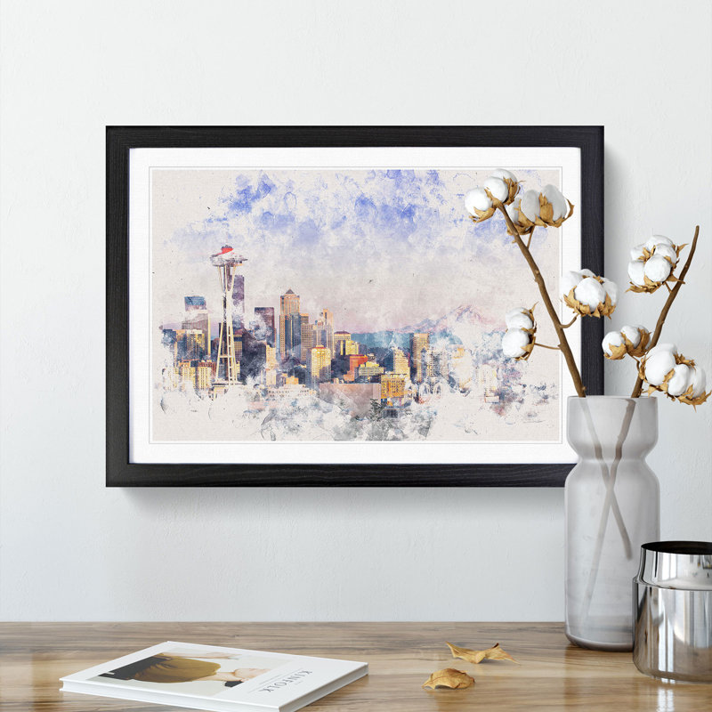 Seattle Skyline - Picture Frame Painting Print, 24cm H x 33cm W x 2cm D, Black Framed