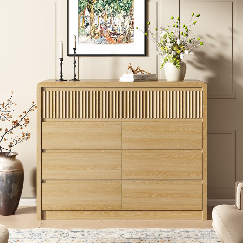 Commode 8 tiroirs avec panneau cannelé, commode double pour chambre à coucher, Beige