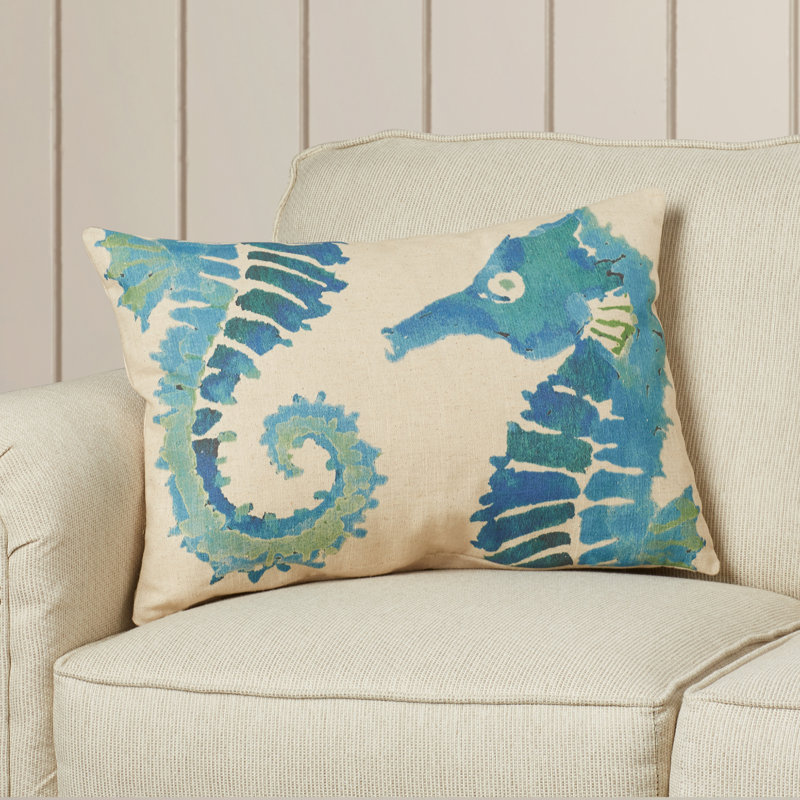 Seahorse Linen Reversible Throw Pillow, Blue