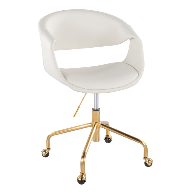 Task Chair In Gold Metal And Light Grey Faux Leather, Blanc, Gold