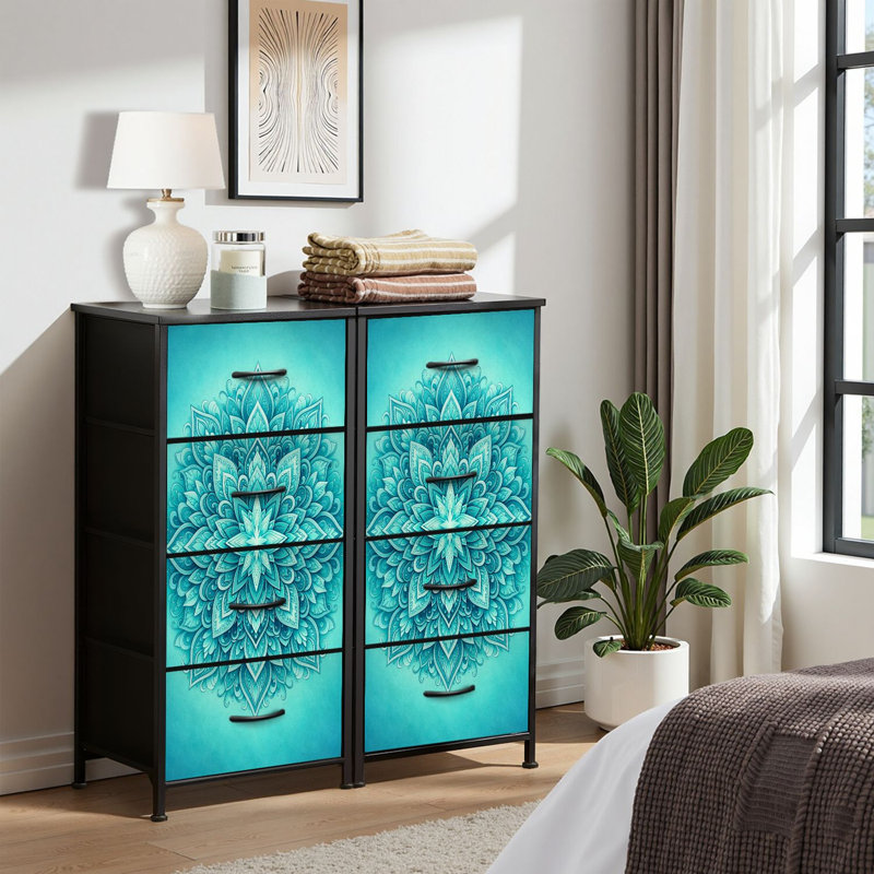 Commode 4 tiroirs pour chambre à coucher, commode étroite, plateau en bois et structure de bureau en fer 18 po x 37,5 po (lxH) - avec un magnifique imprimé floral mandala bleu