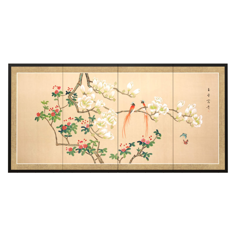 24" Love Birds 4 Panel Room Divider, 24" H x 48" W x 0.63" D