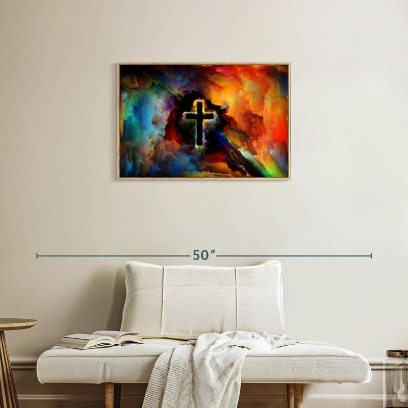 Croix colorée, Cadre flottant en bois naturel, 31 po x 21 po