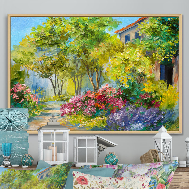 Fleurs colorées dans la maison méditerranéenne - reproduction d'art sur toile, H 12 po x l 20 po x P 1 po