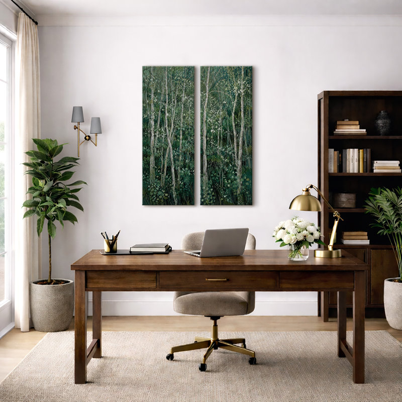 Forêt de bouleaux vert foncé avec fleurs blanches - Décoration nature - Ensemble de 2 impressions sur toile encadrées 32" x 12" x 2