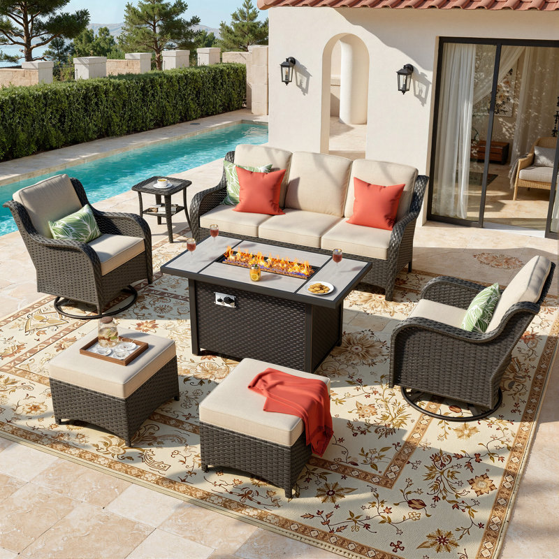 High Quality Pe Rattan Outdoor Sofa Seating 5 With Stove Table And Ottoman, Beige, Dark Gray